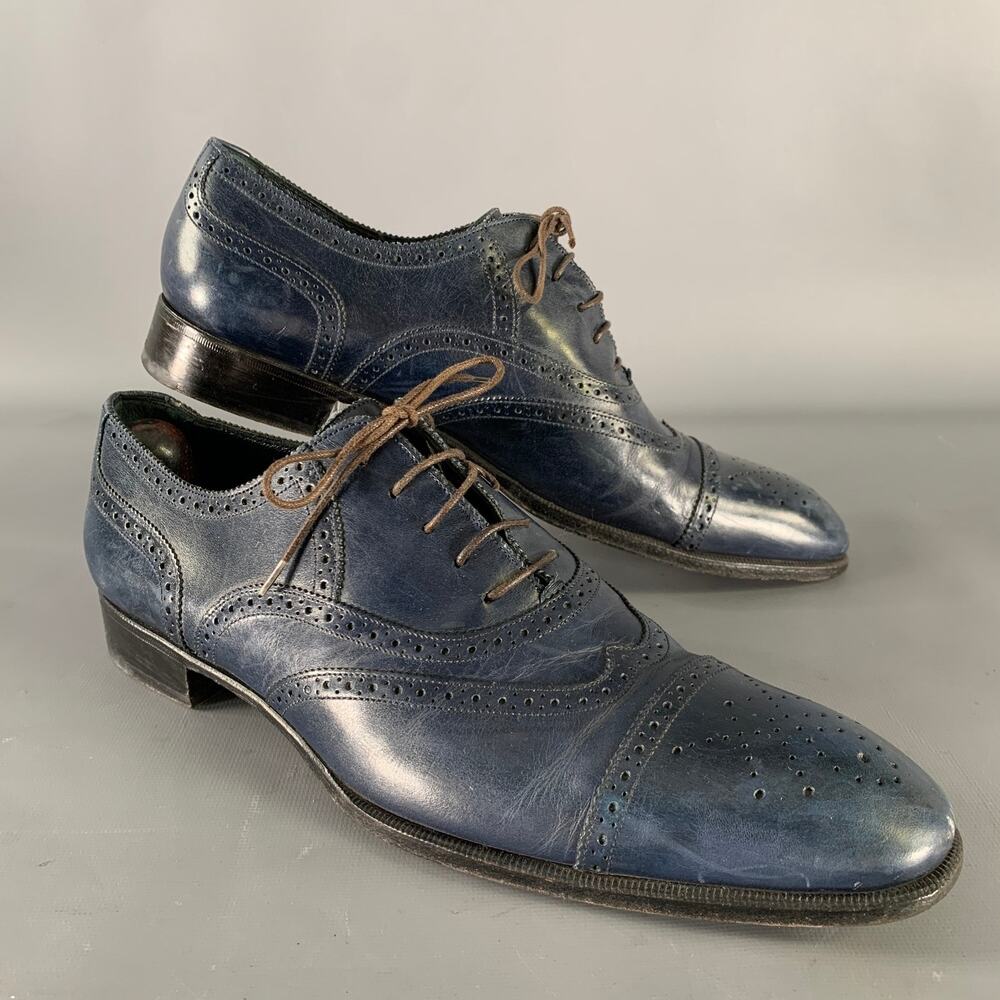 YVES SAINT LAURENT Size 9 Navy Wingtip Leather Cap Toe Lace Up Shoes